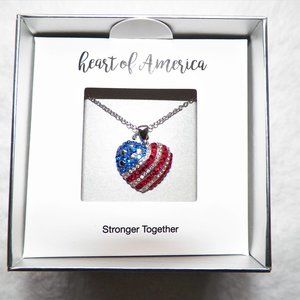 "Heart of America" Necklace Silver Crystal USA Flag Heart